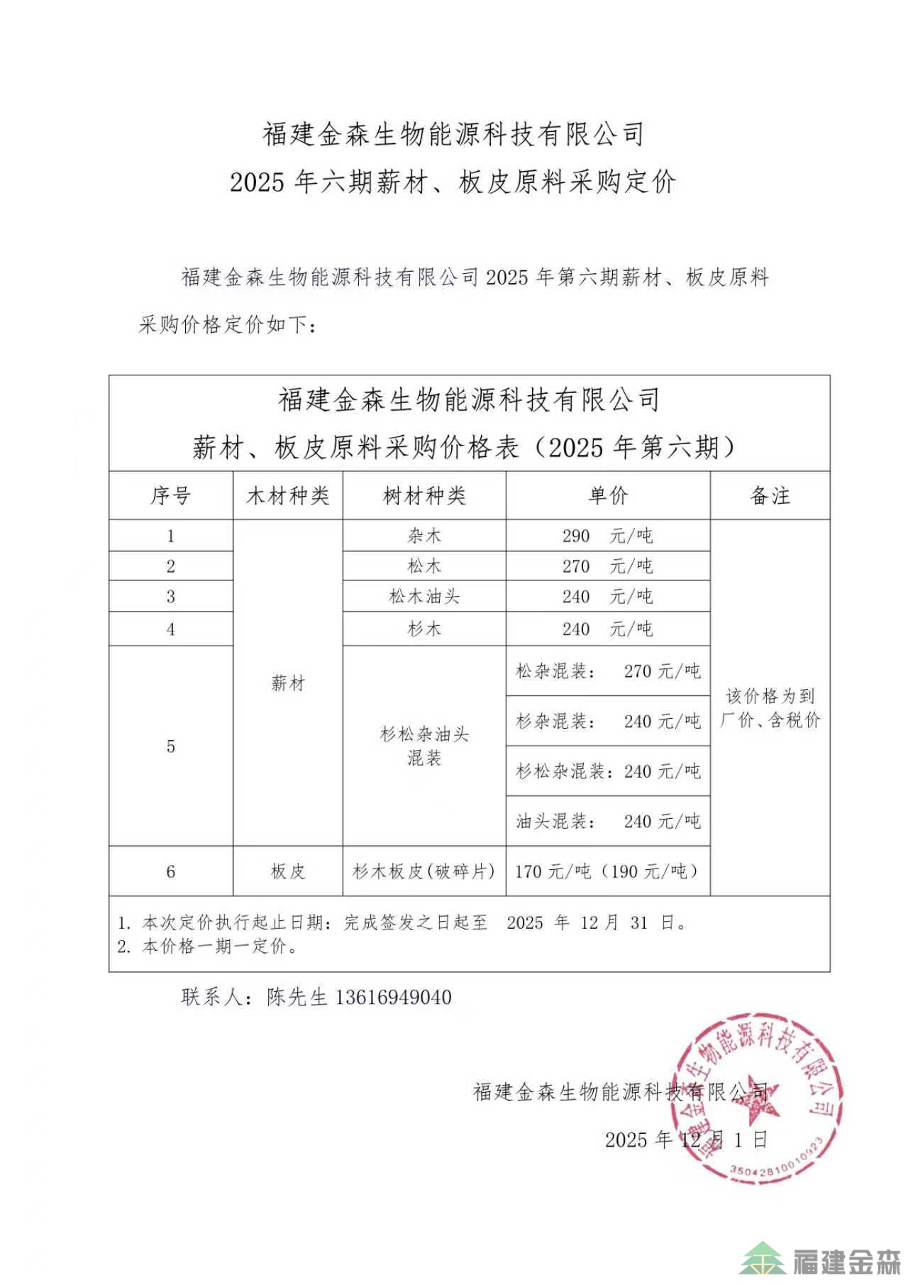 福建金森生物能源科技有限公司 2025年六期薪材、板皮原料采购定价